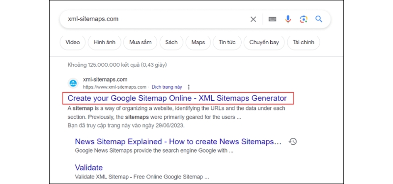 Tìm kiếm xml-sitemaps.com và chọn link như hình